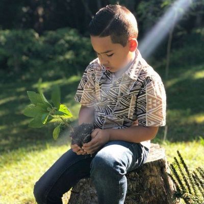 The picture shows a young boy holding a plant by his hand.